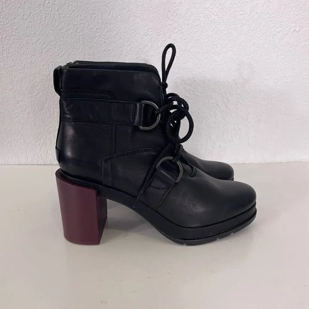 Sorel Black Leather Purple Heel‎ Margo Lace Up Block Heel Booties Size 8